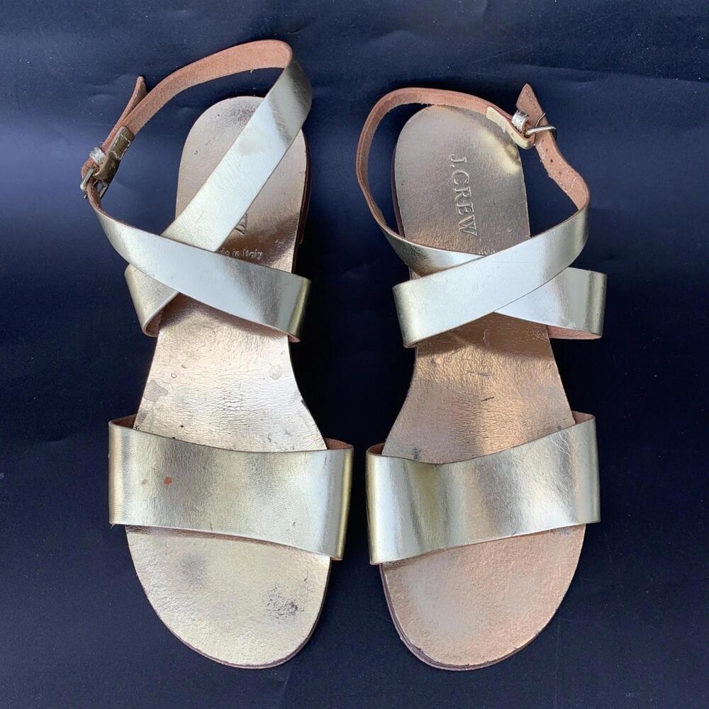 J Crew Gold Sandals Flat Genuine Leather Sz 8 Womens